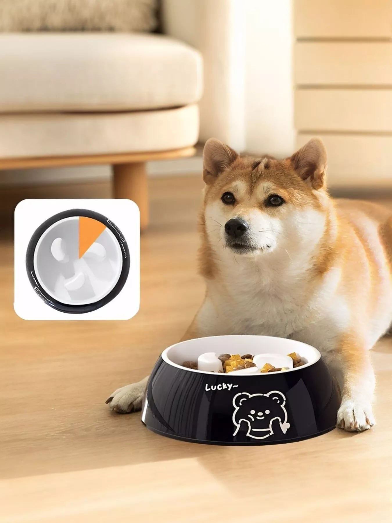 Cute Cartoon Pattern Pet Bowl, black bear graphic with white inner insert