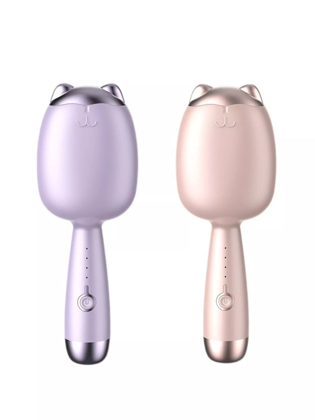 Lilac and Pale Blush cat-shaped heated curling irons, front views together.