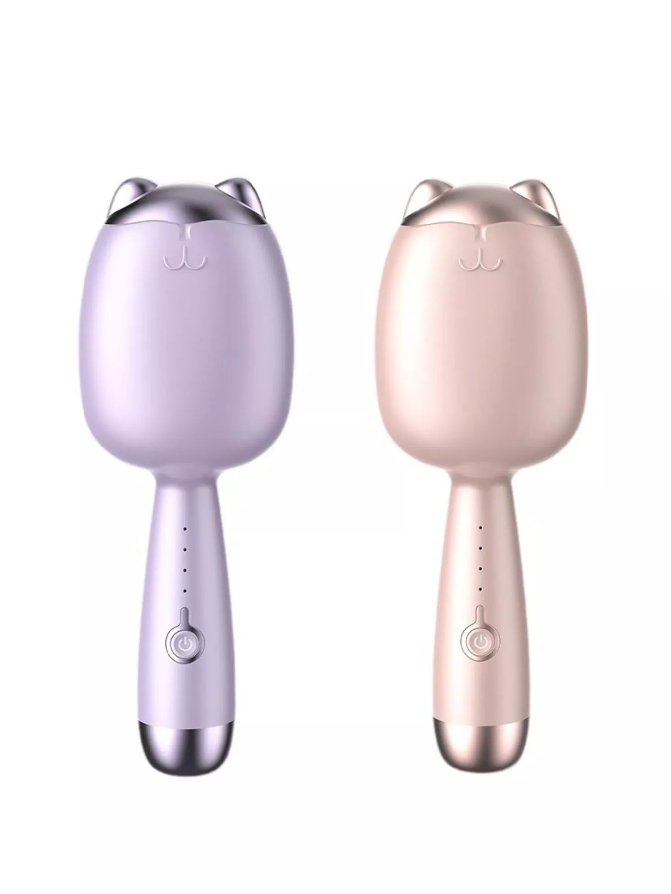 Lilac and Pale Blush cat-shaped heated curling irons, front views together.