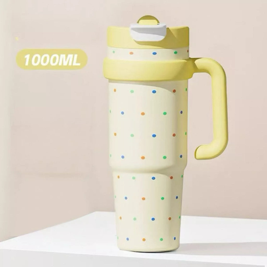 Yellow 1000ML water bottle with straw, side handle, polka-dot pattern