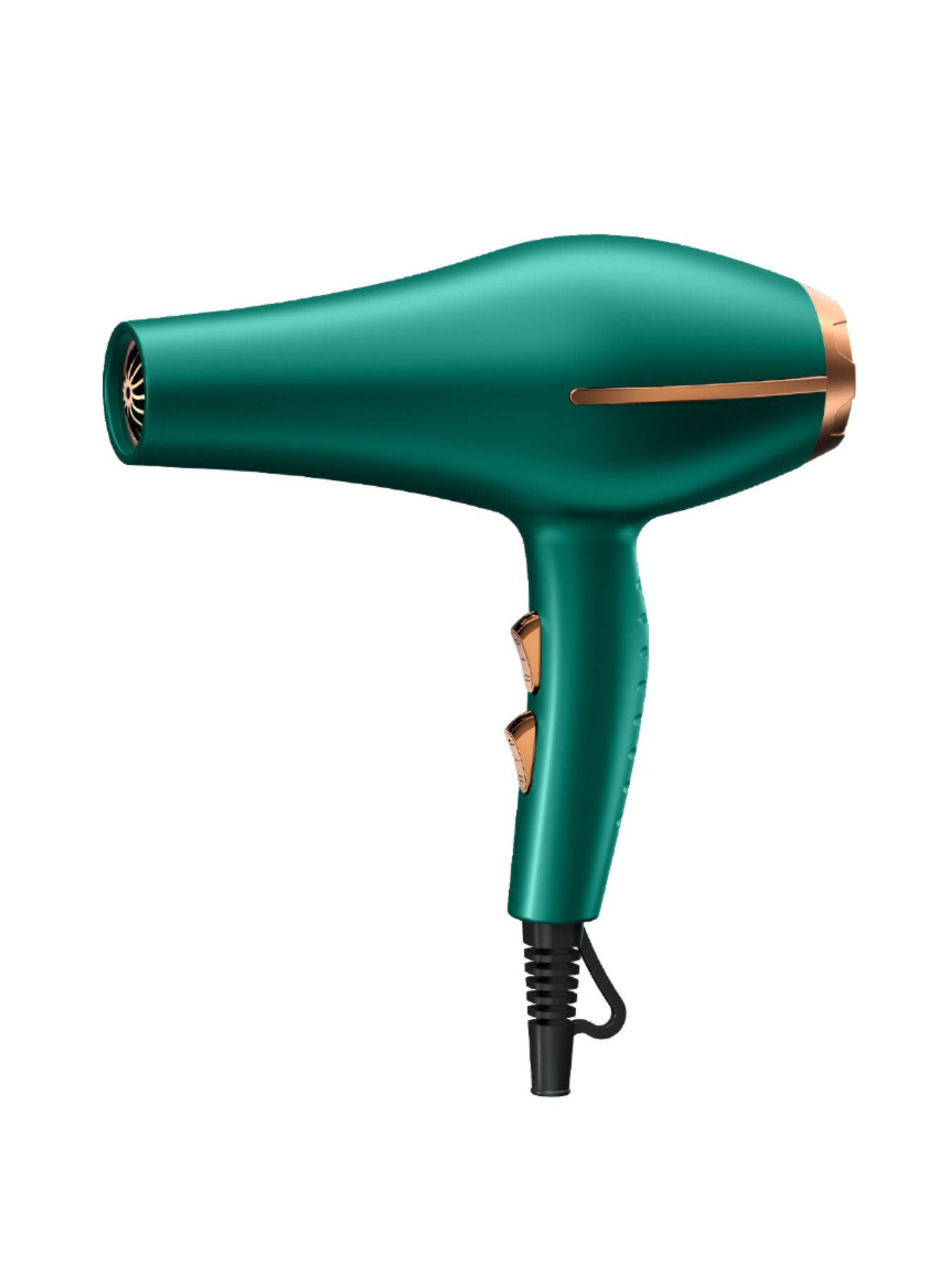 Adjustable temperature hair dryer, Seitenansicht in Grün mit Kabel und Handschalter am Griff