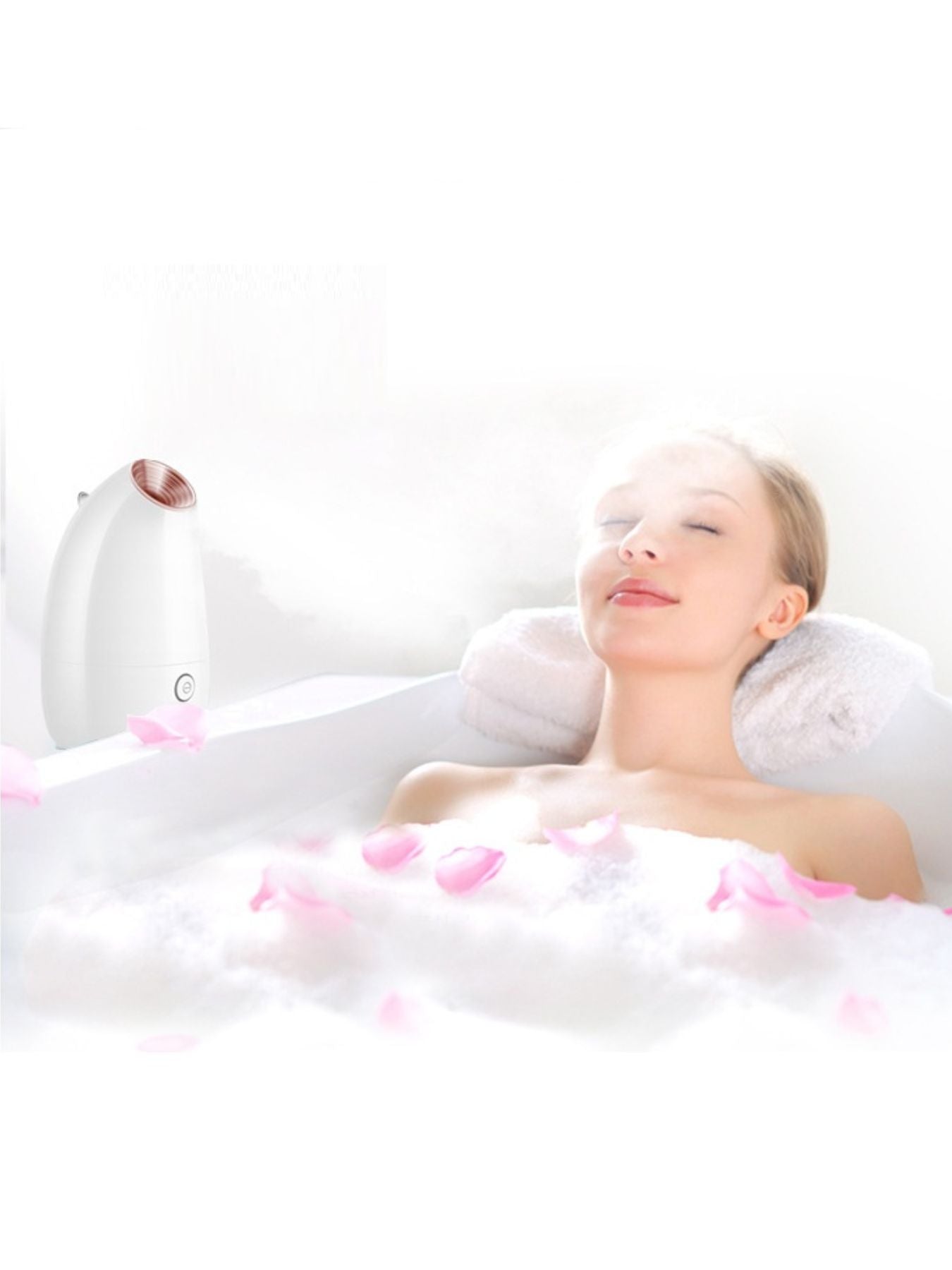 Facial steamer steaming during spa; white device with rose-gold nozzle