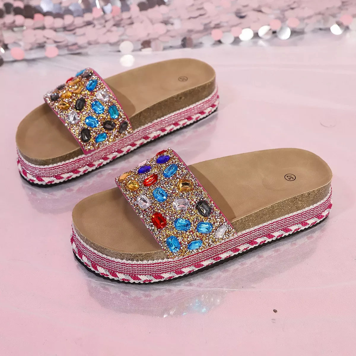Rhinestone open-toe platform sandals with multicolor jeweled straps and striped sole