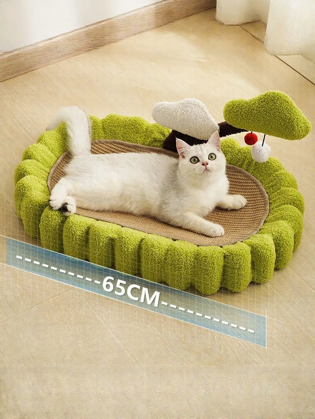 Soft Cat Scratching Post Bed in Matcha Green, plush sides and oval sisal pad