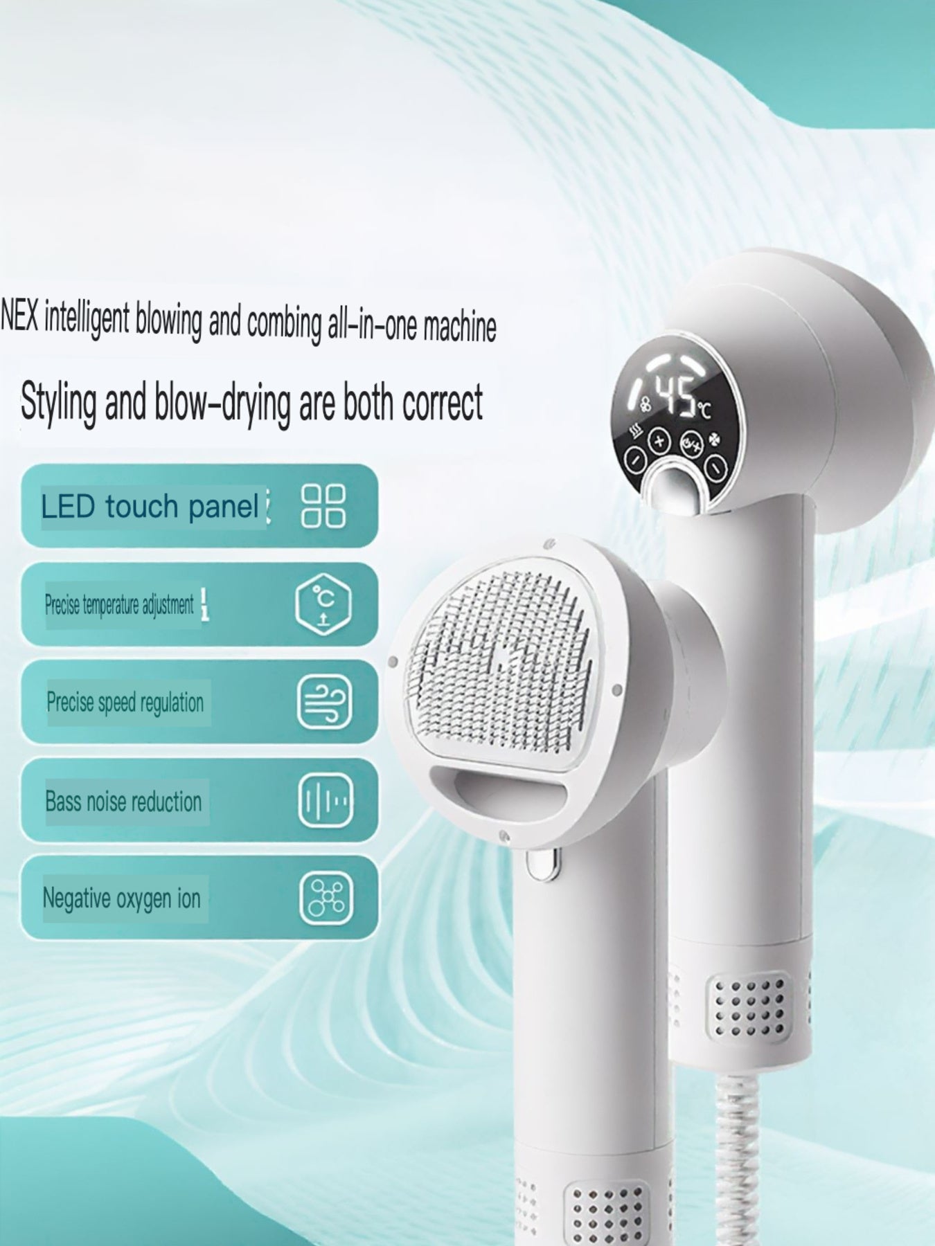 Low Noise Pet Hair Dryer & Comb, white blow-and-comb tool with brush face attachment