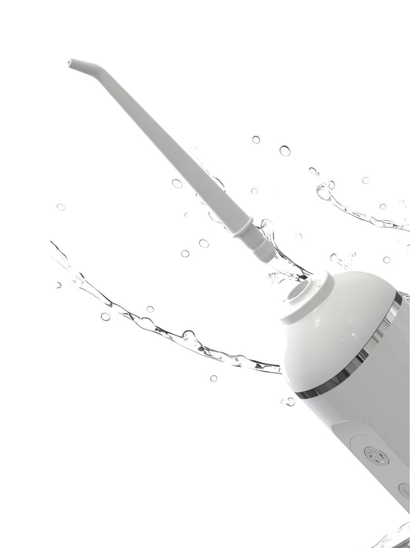 Water stream spraying from angled nozzle tip on a white flosser