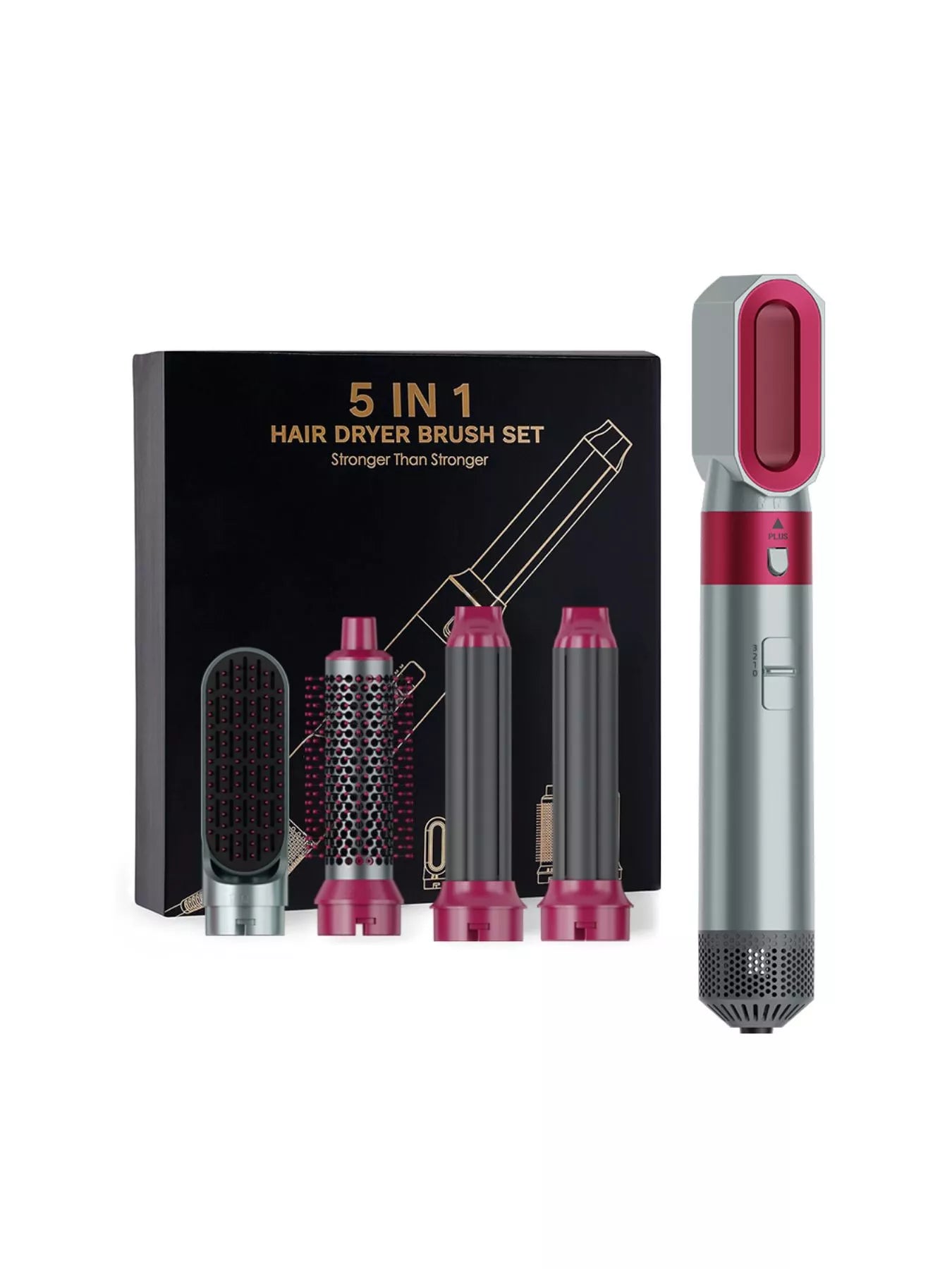 5-in-1 hair dryer brush set with pink attachments and white handle, with included nozzles