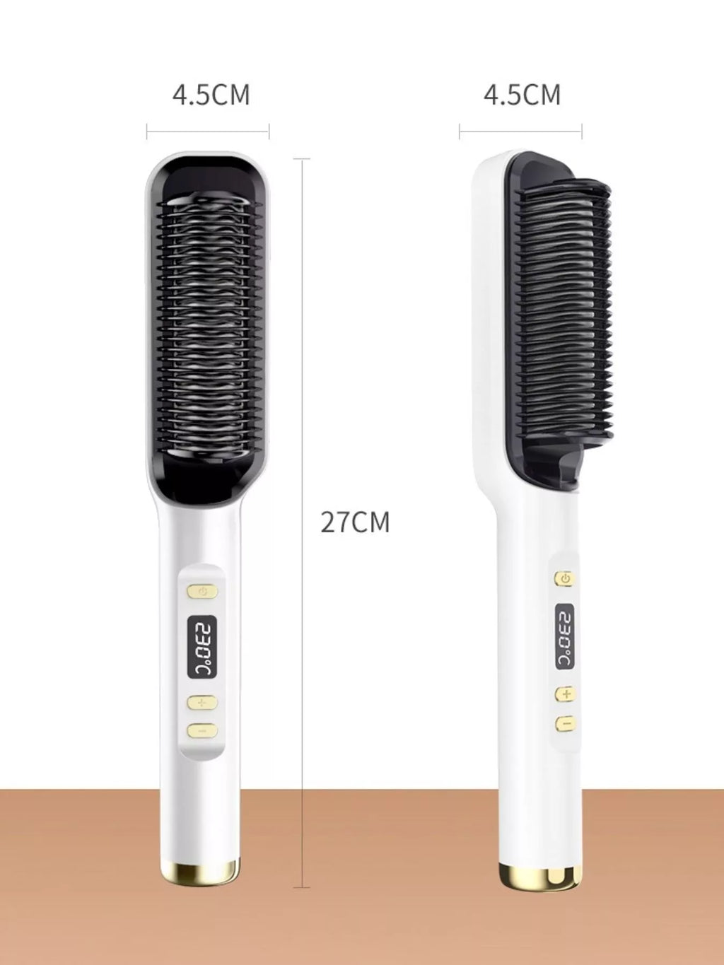 Ceramic straightening comb, white handle with black teeth and size scale (4.5 cm, 27 cm)