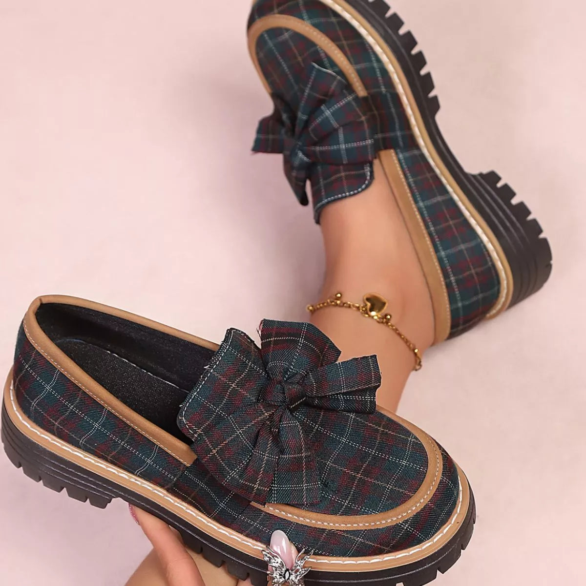 Sky blue plaid bow loafers with rounded toe, contrast trim, and chunky black sole