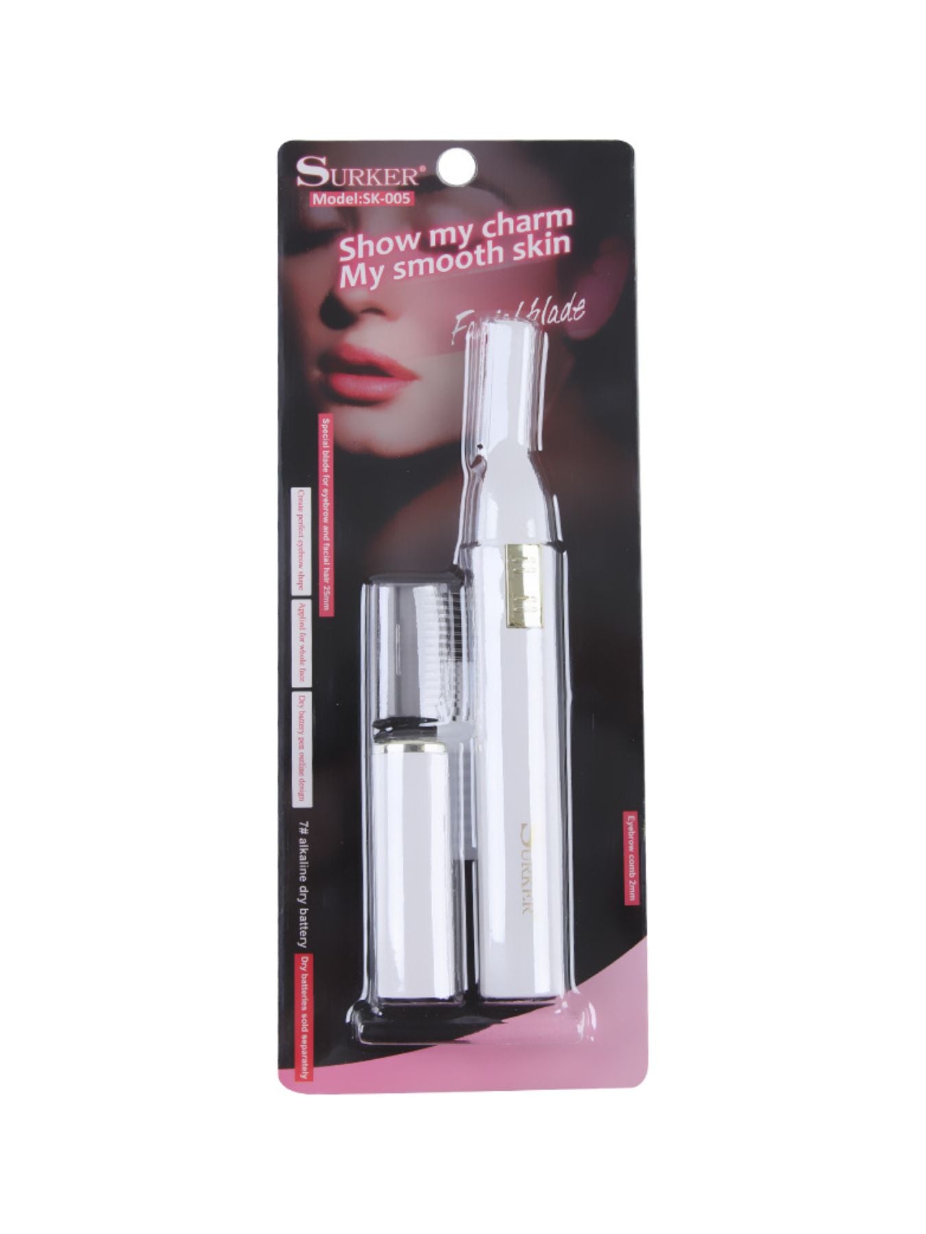Trimmer in retail blister pack with eyebrow comb and attachments