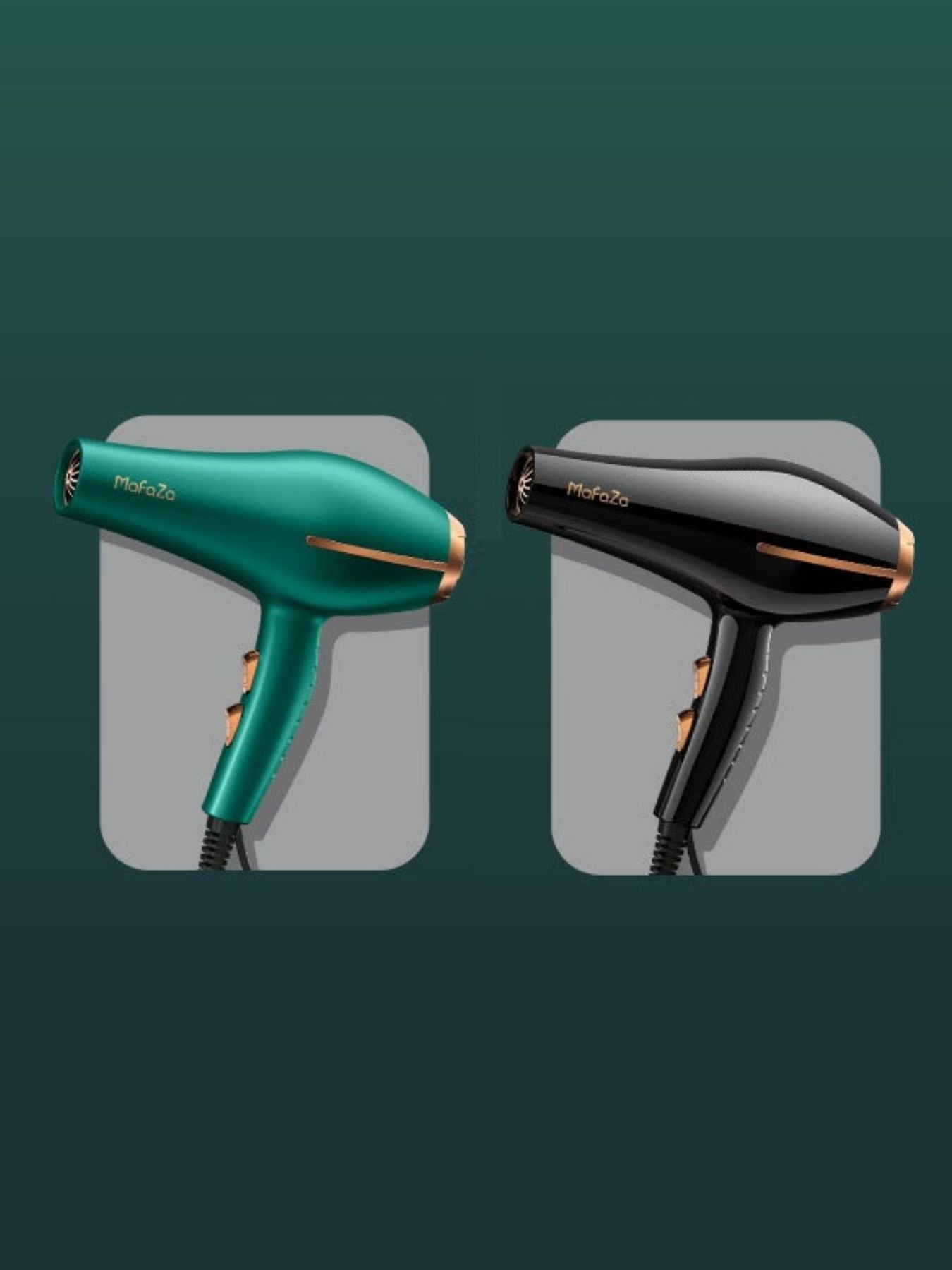 Adjustable temperature hair dryer: grün und schwarz im Vergleich, mit goldfarbenem Lüftungsgitter