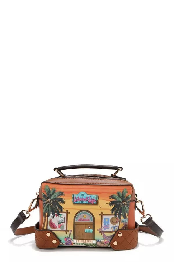Sun and Sand patterned mini satchel with crossbody straps, top handle, and front print