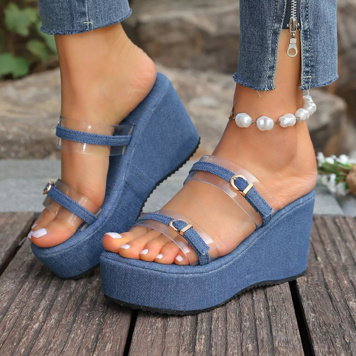 Denim platform wedge sandals with clear straps, adjustable buckle, sky blue