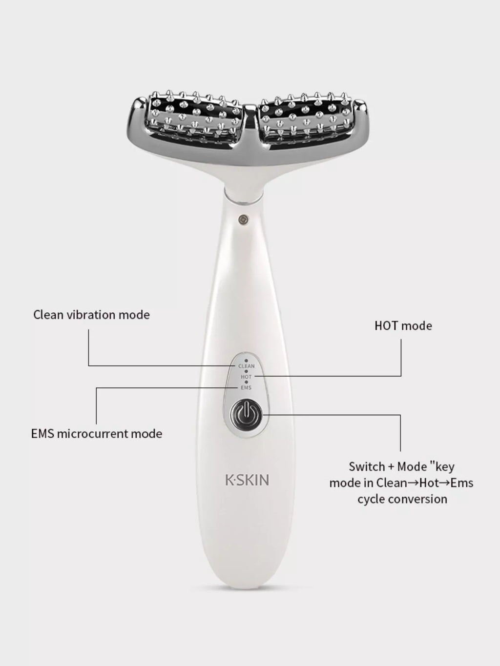 White face/neck massager showing CLEAN, HOT, and EMS modes diagram