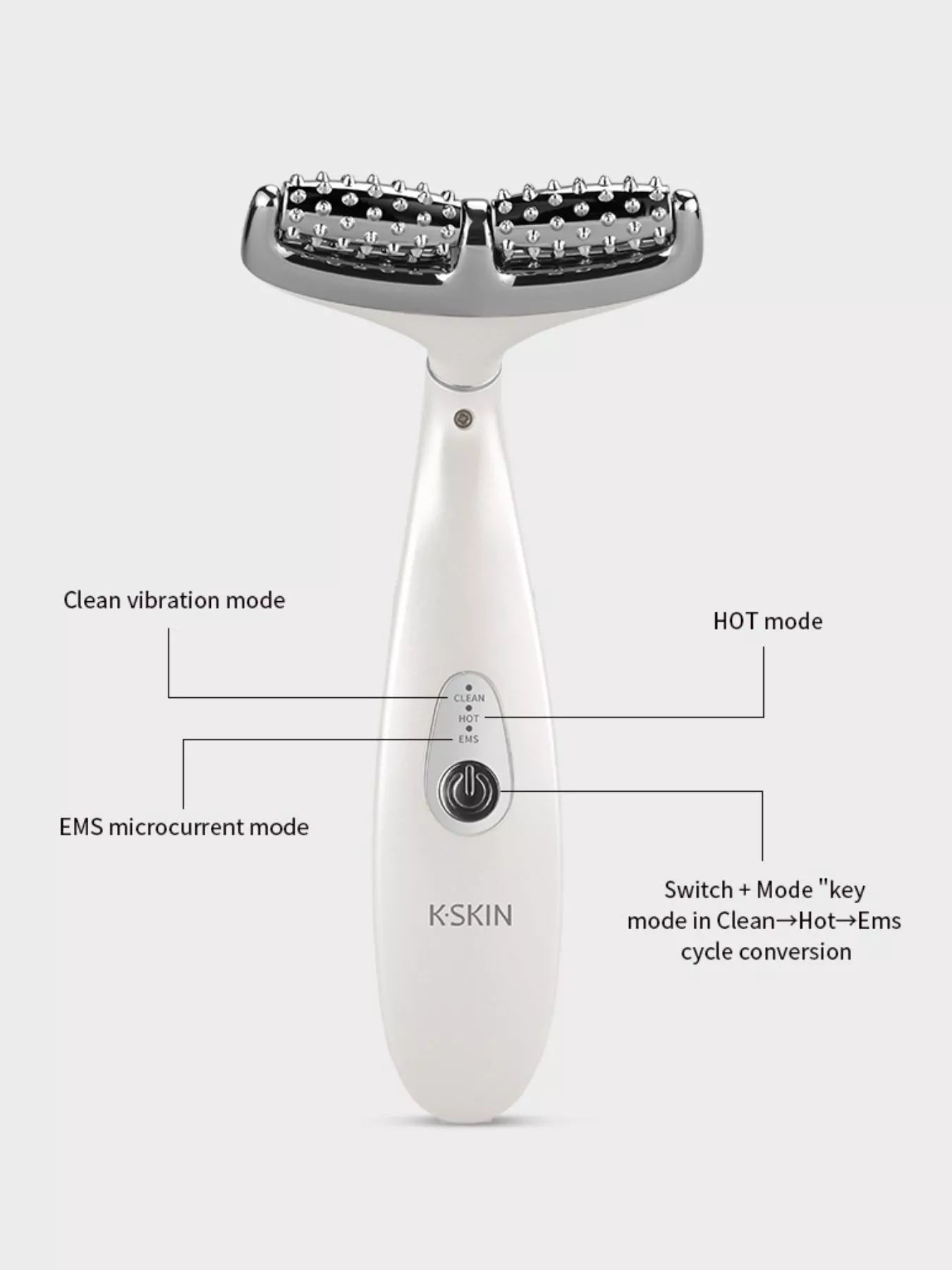 White face/neck massager showing CLEAN, HOT, and EMS modes diagram
