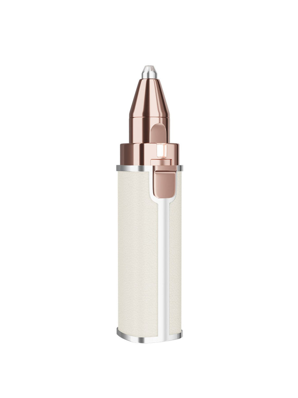 Beige eyebrow trimmer with metal cone tip and protective comb guard