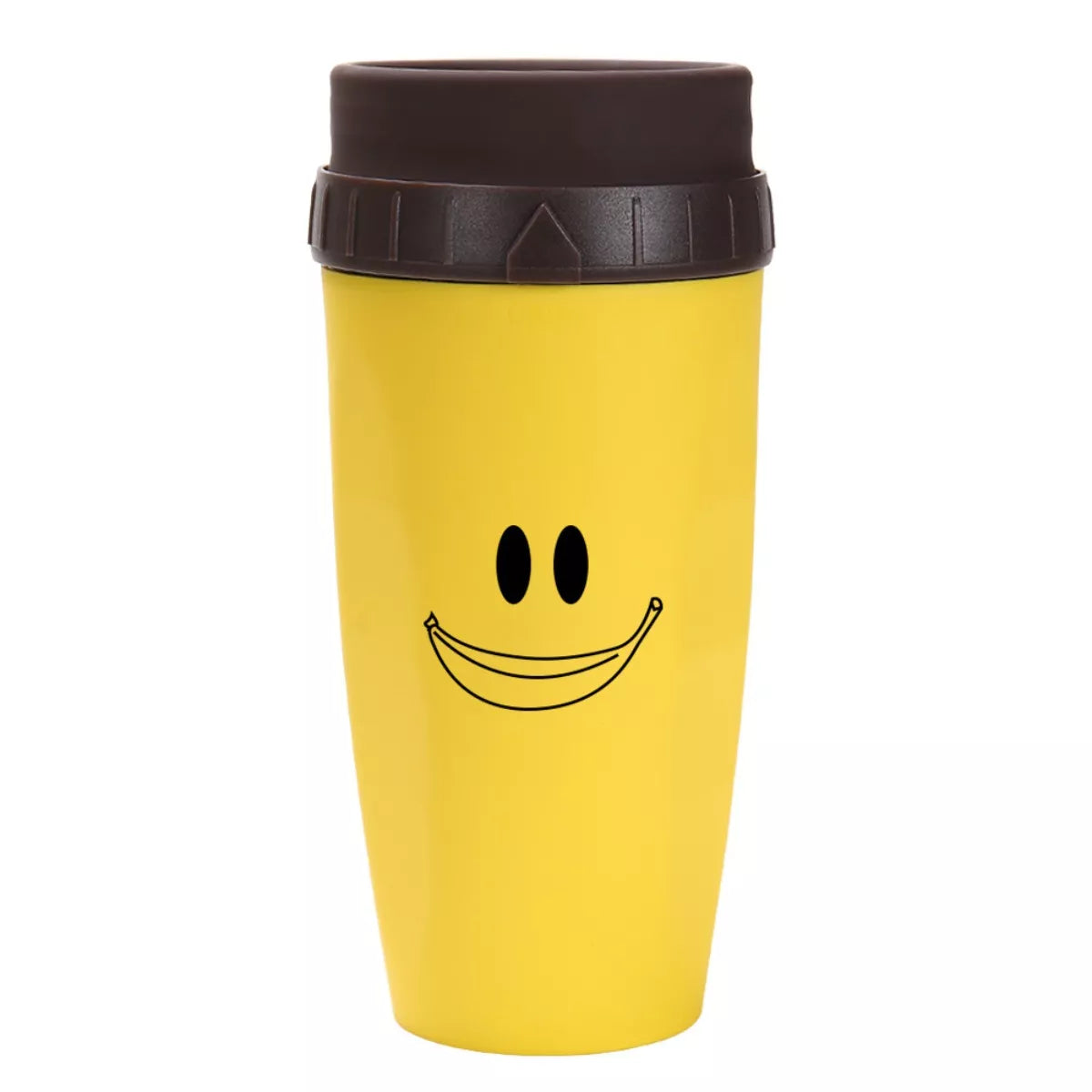 Yellow tumbler kettle with smiley face and dark brown flip-top lid
