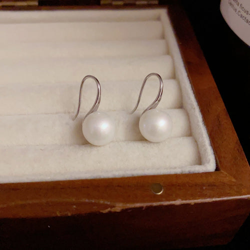 Silver 925 sterling pearl drop earrings, round white pearls on open hooks