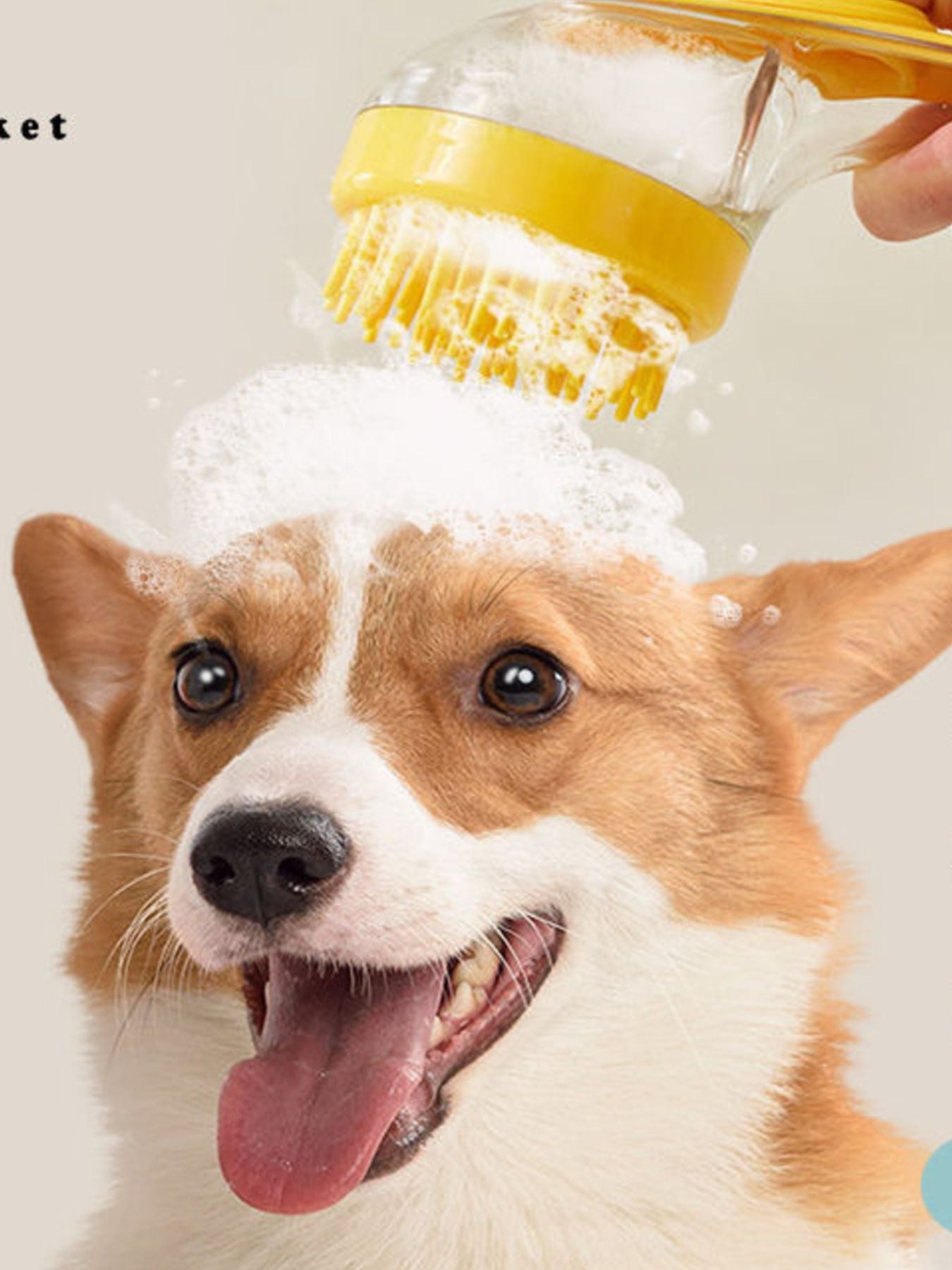 Soft Pet Shower Brush (Yellow) with soft bristles and clear handle, lathering a dog
