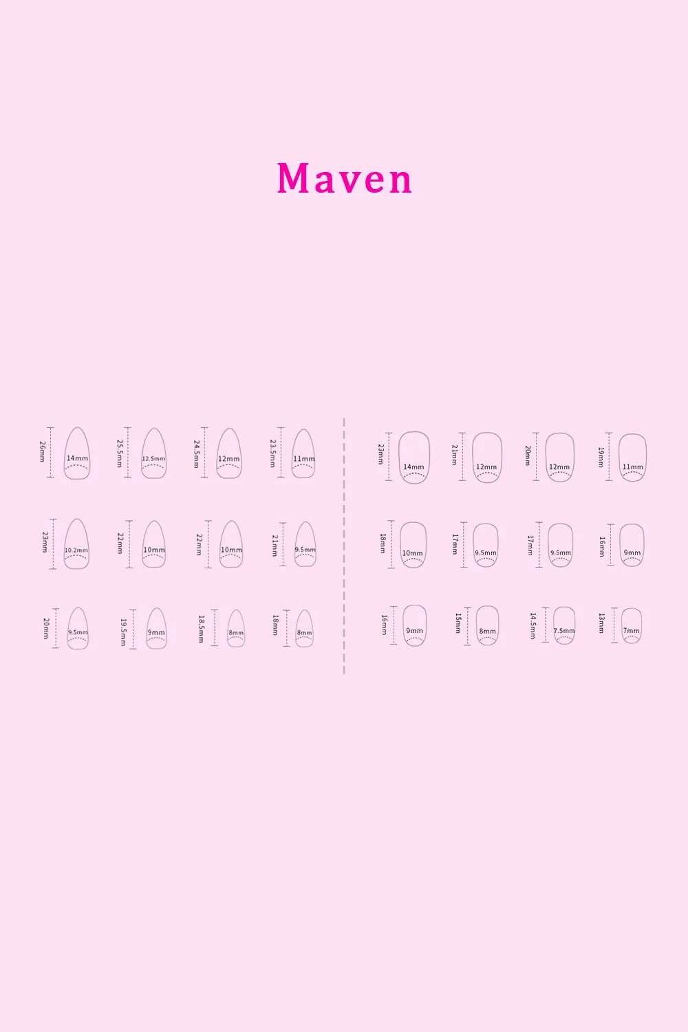 Maven press-on nails sizing chart card