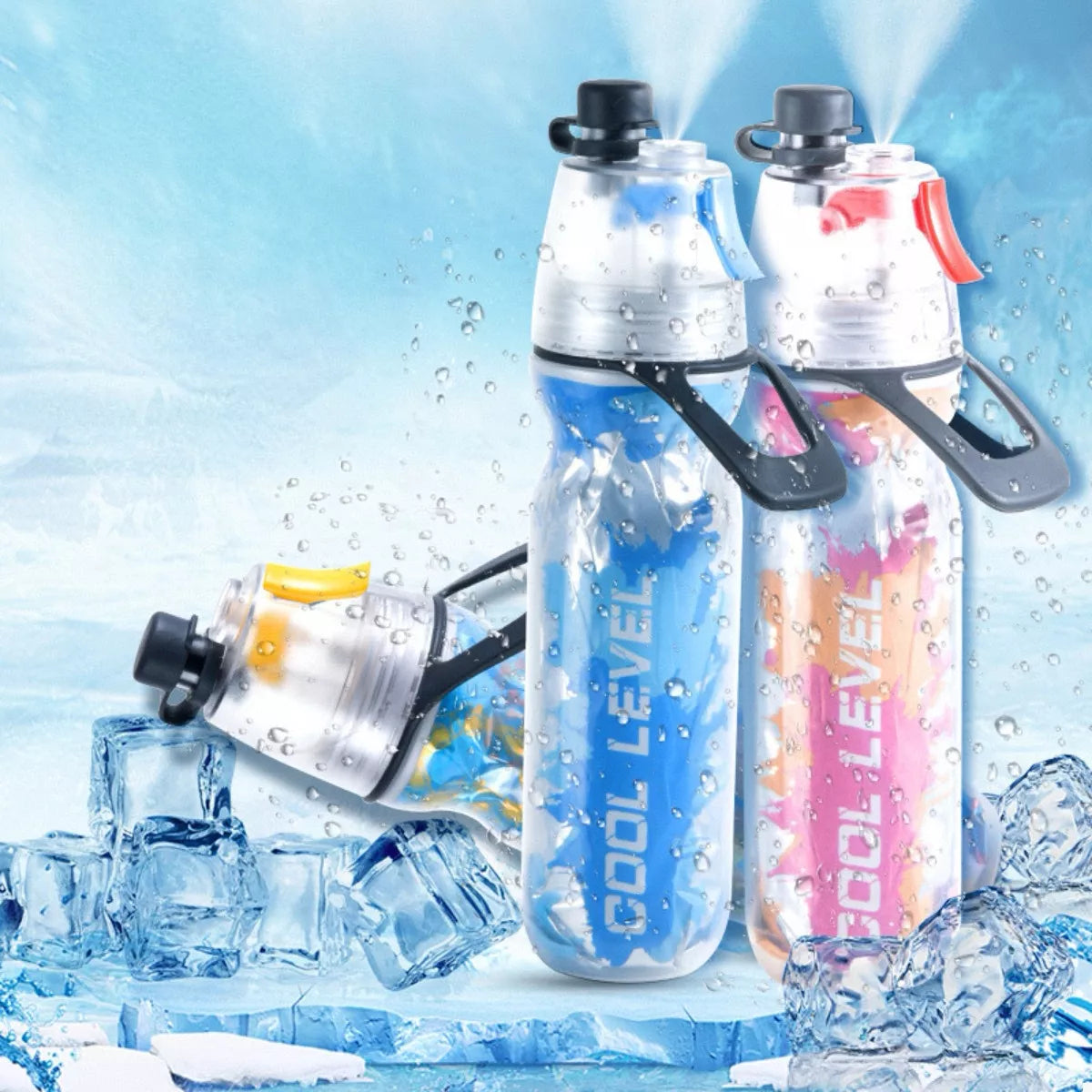 Multi-functional spray sports water bottle, clear with blue and pink graphic, black handle