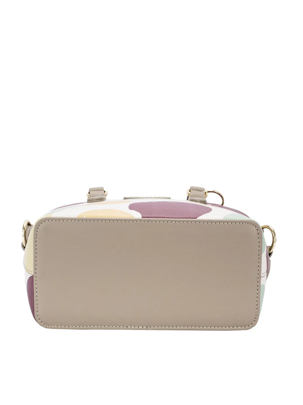Colorful polka dot handbag with front zip pocket and stitched almond trim