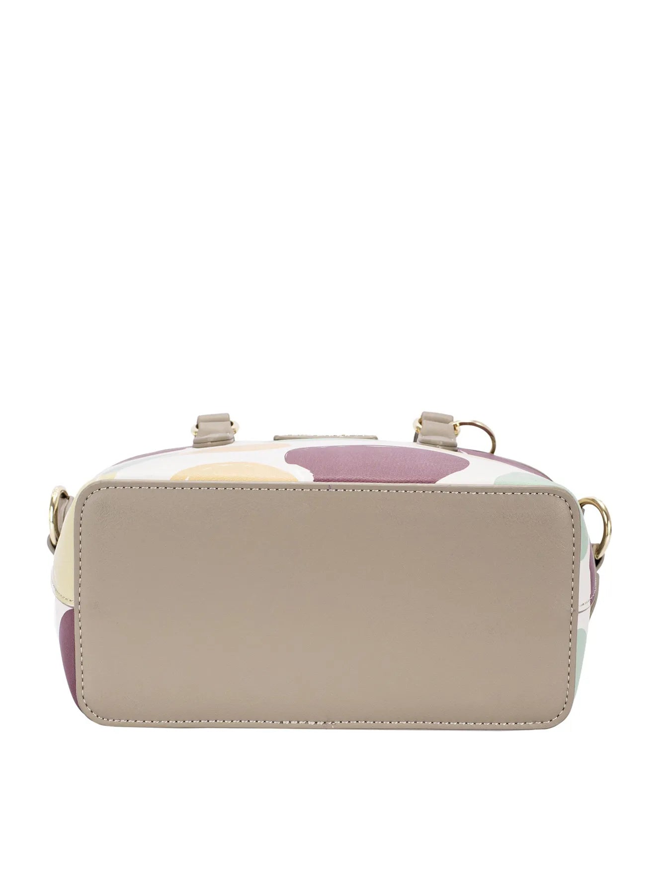 Colorful polka dot handbag with front zip pocket and stitched almond trim