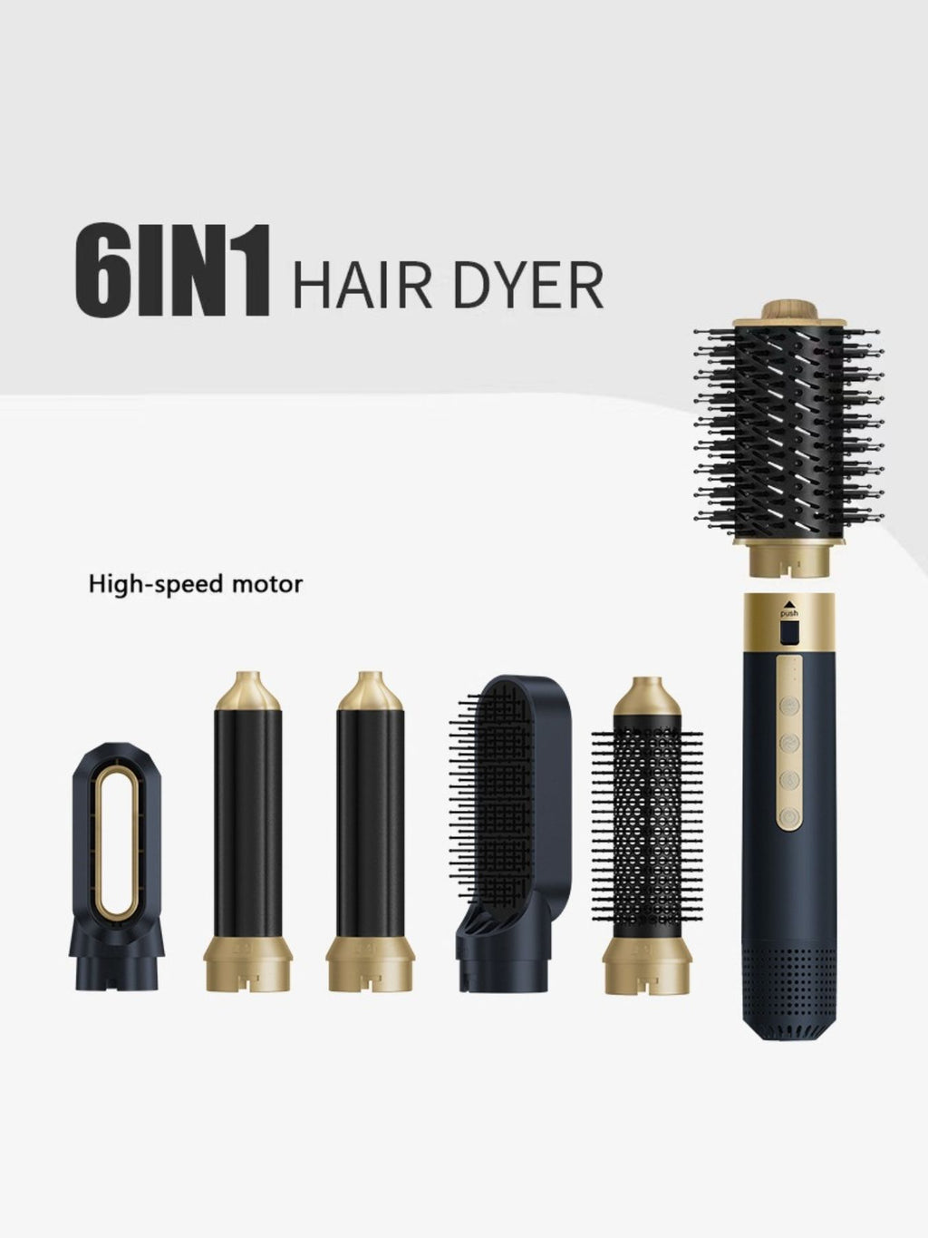 Navy 6-in-1 multifunction hot air brush with interchangeable styling attachments