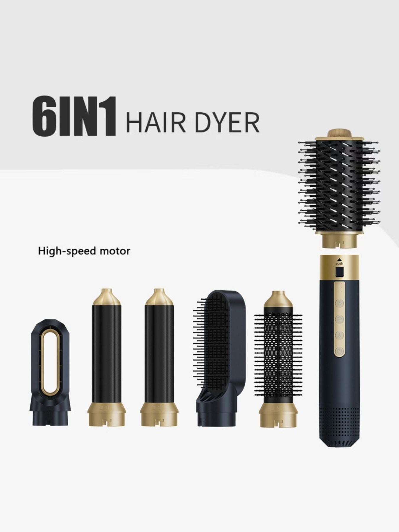 Navy 6-in-1 multifunction hot air brush with interchangeable styling attachments