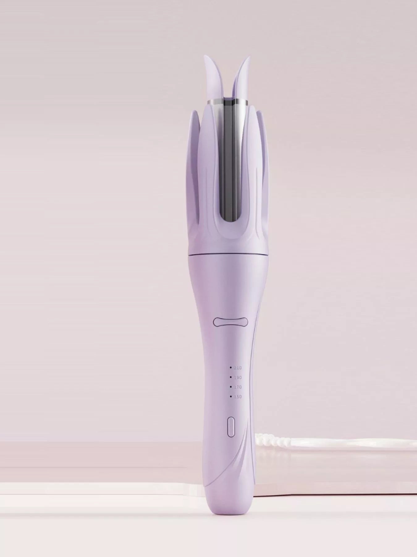 Lavender automatic rotating ceramic curling iron, front view with temperature marks