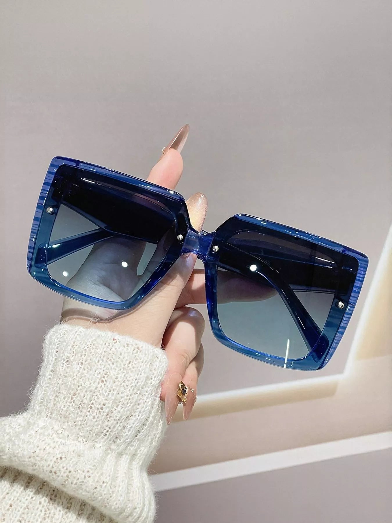 Blue gradient square sunglasses, oversized frames and dark lenses