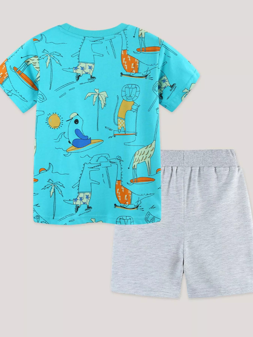 Aqua animal-print tee and light gray shorts set, laid out flat