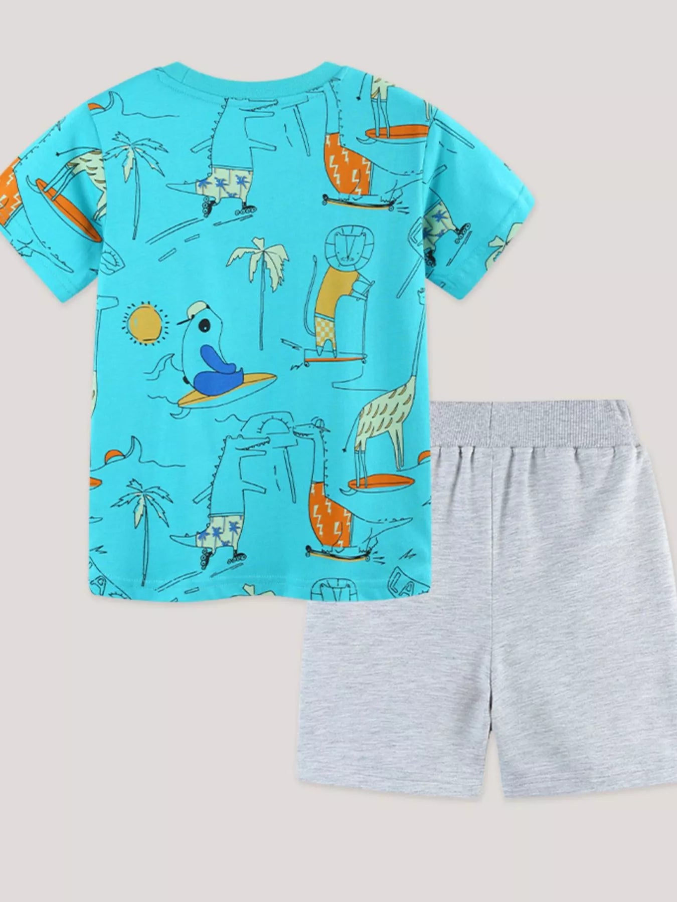 Aqua animal-print tee and light gray shorts set, laid out flat