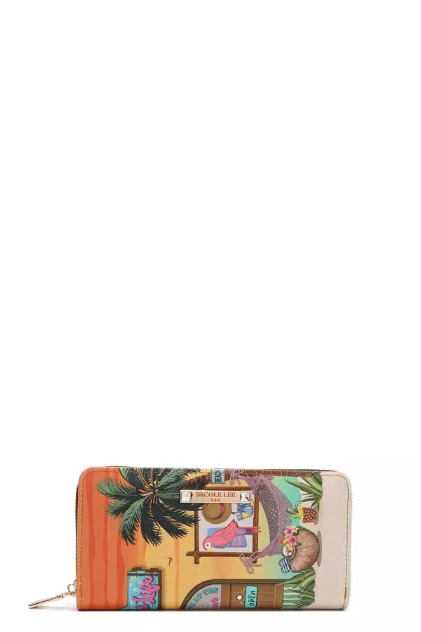 Sun and Sand long zip wallet with tropical house print and orange colorblock sides