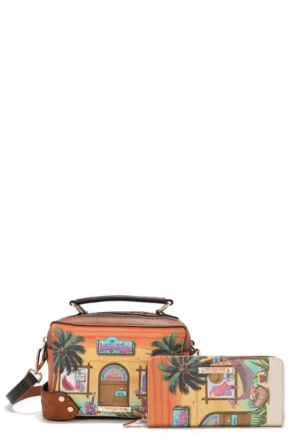 Nicole Lee USA Sun and Sand bag set: patterned mini satchel with matching long wallet