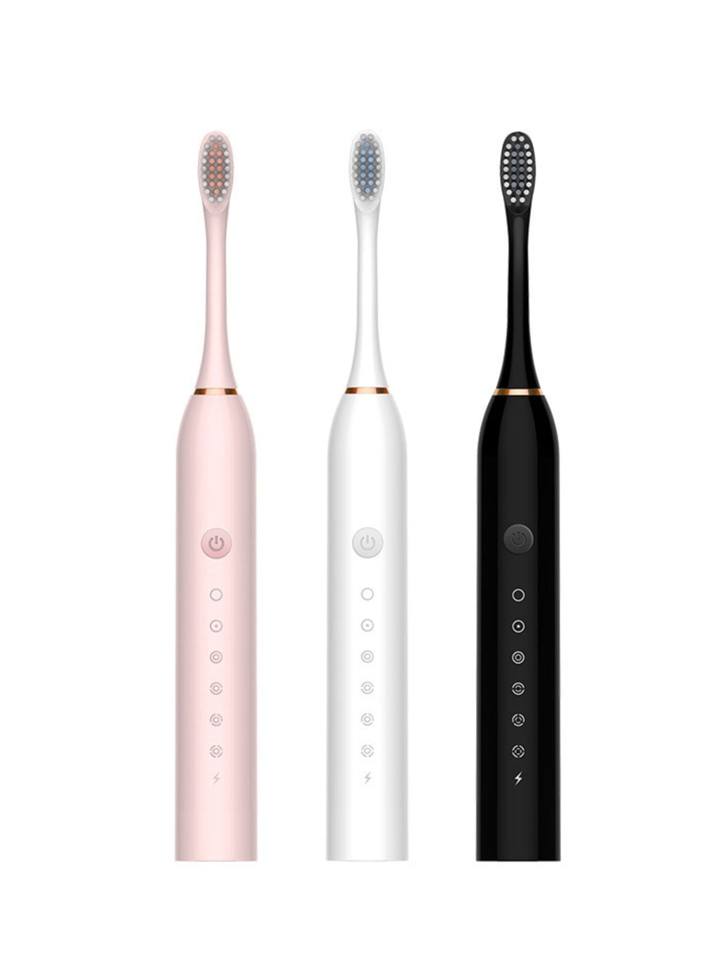 Electric toothbrushes in blush pink, white, and black with multi-mode buttons