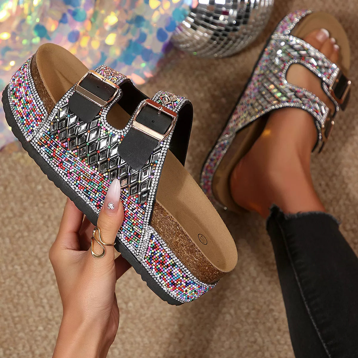Trendsi rhinestone platform sandals with two buckles, multicolor beaded sides and straps