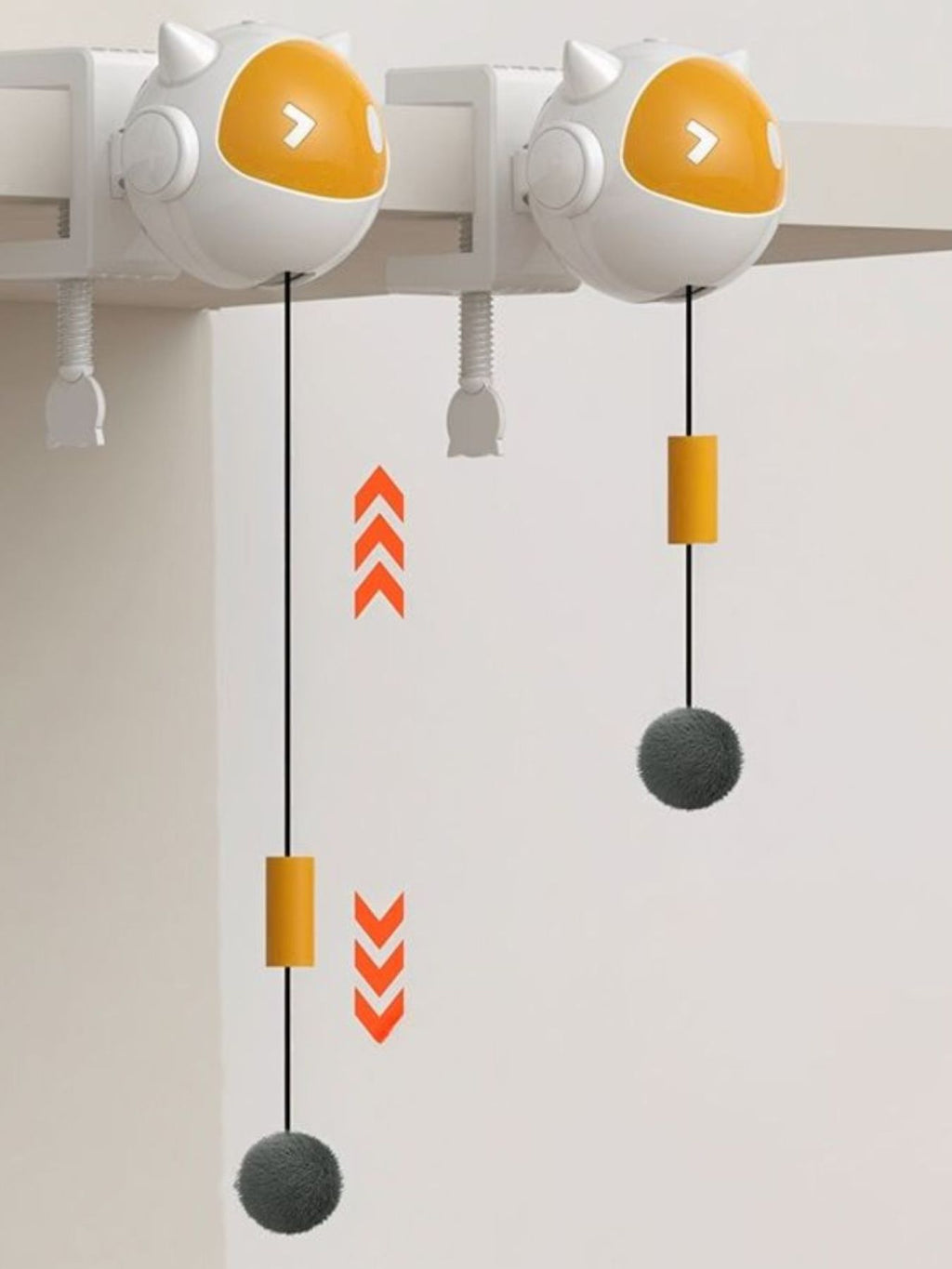Interactive hanging cat teaser toy set: two white/yellow heads with dangling gray pom-poms
