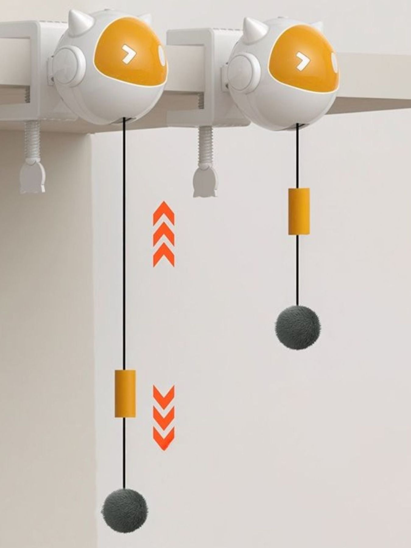Interactive hanging cat teaser toy set: two white/yellow heads with dangling gray pom-poms