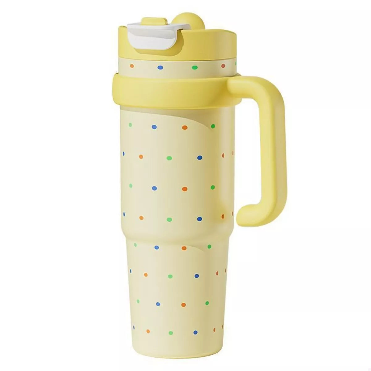 Yellow water bottle with straw and handle, multicolor dot pattern, flip-top lid