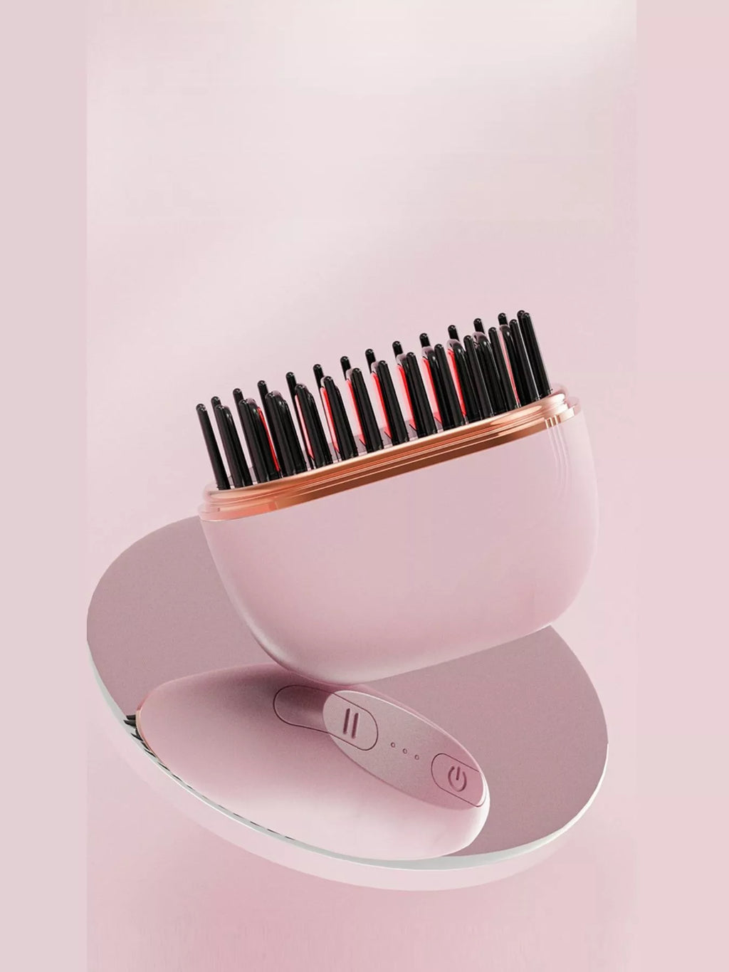Blush pink portable straightening comb with open cover and black heated pins