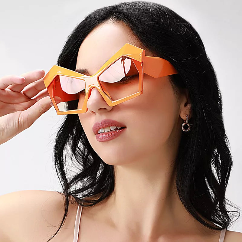 Oversized geometric sunglasses in Tangerine with bold hexagonal frames