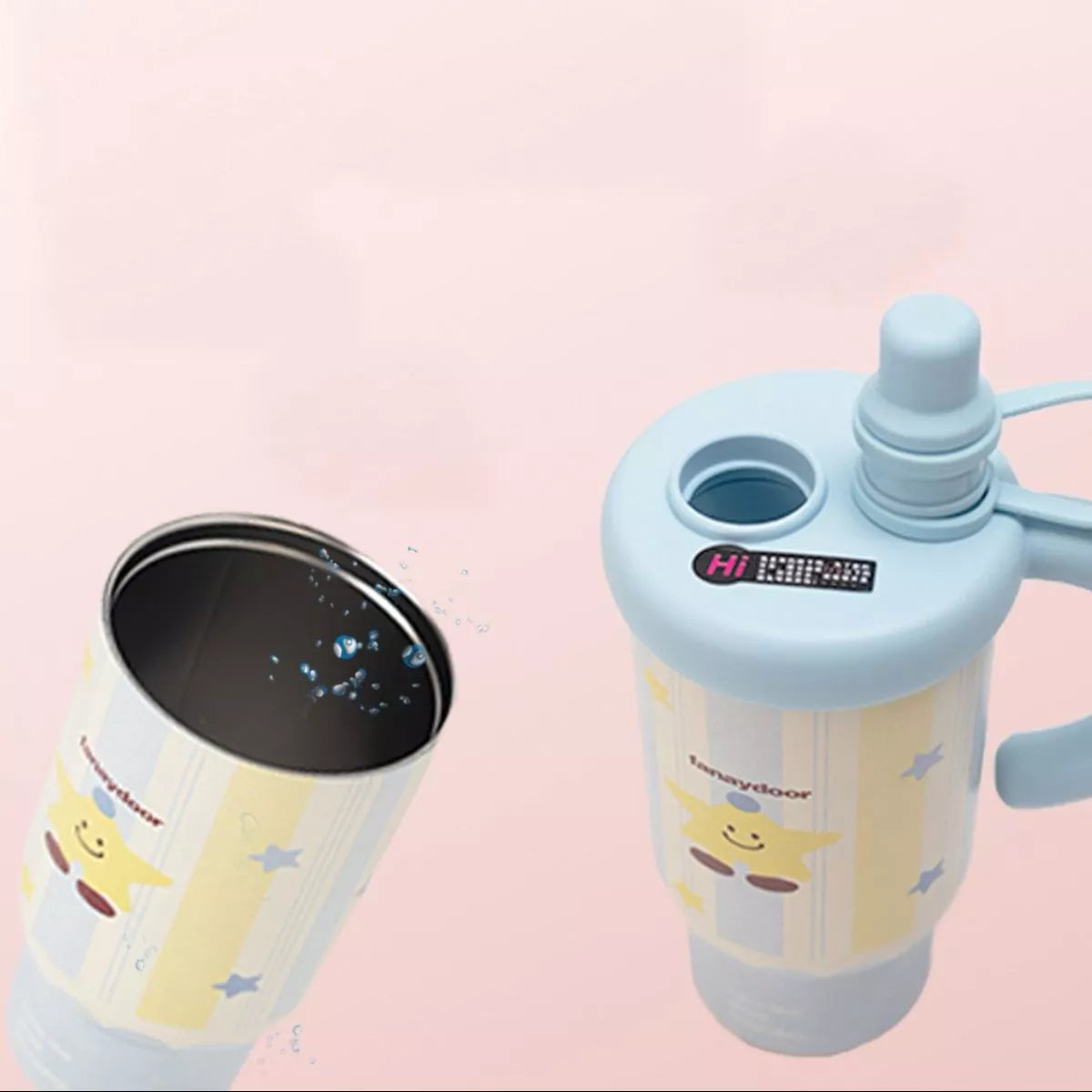 Light blue cartoon water bottle with straw and handle; drink spout shown