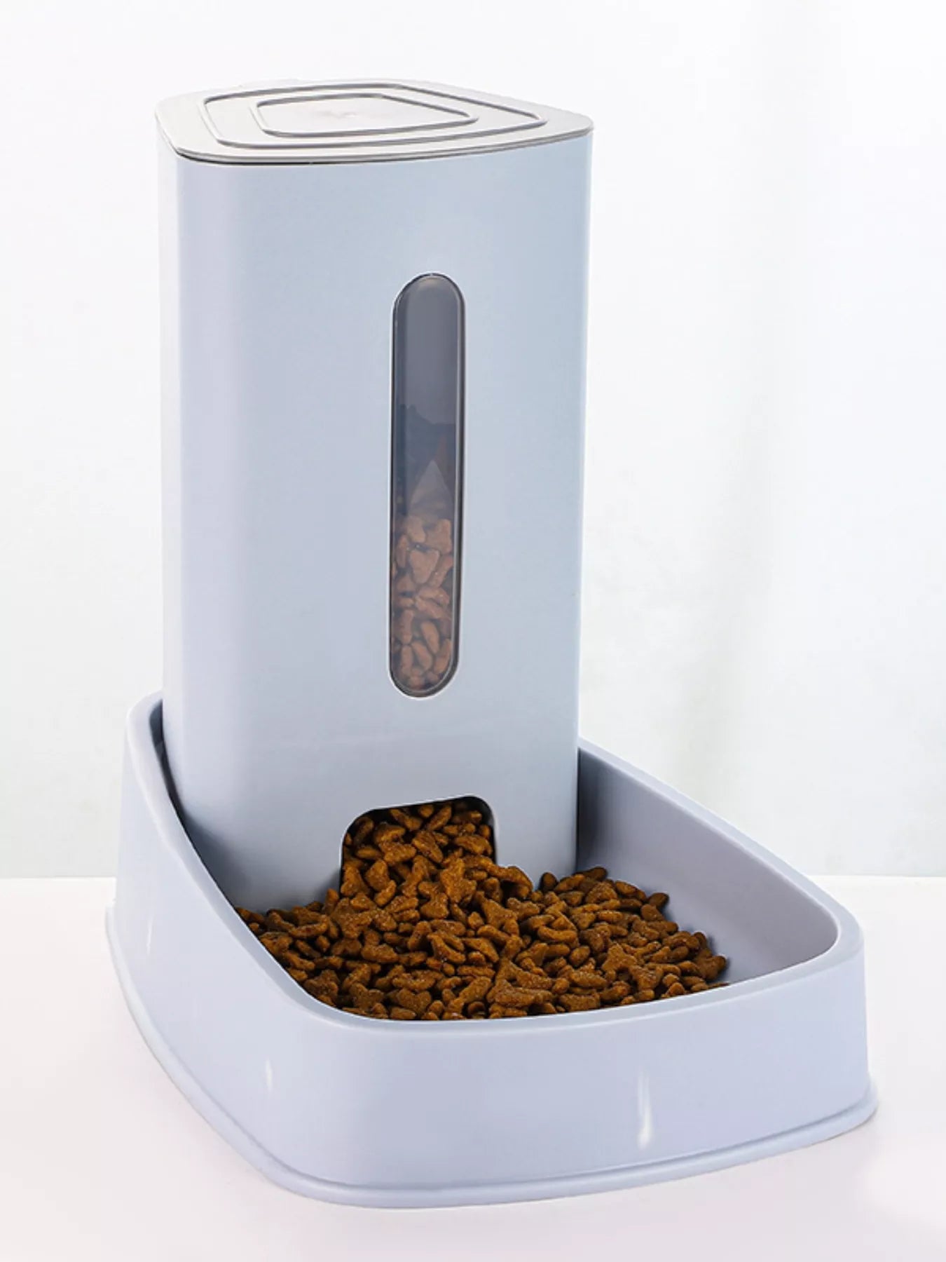 Automatic Food Dispenser Pet Bowl, Light Gray; side window over filled kibble tray