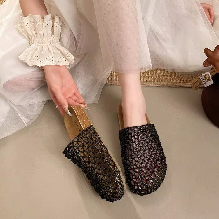 Woven mesh slip-on sandals in black, lattice knit upper, low cork-look wedge