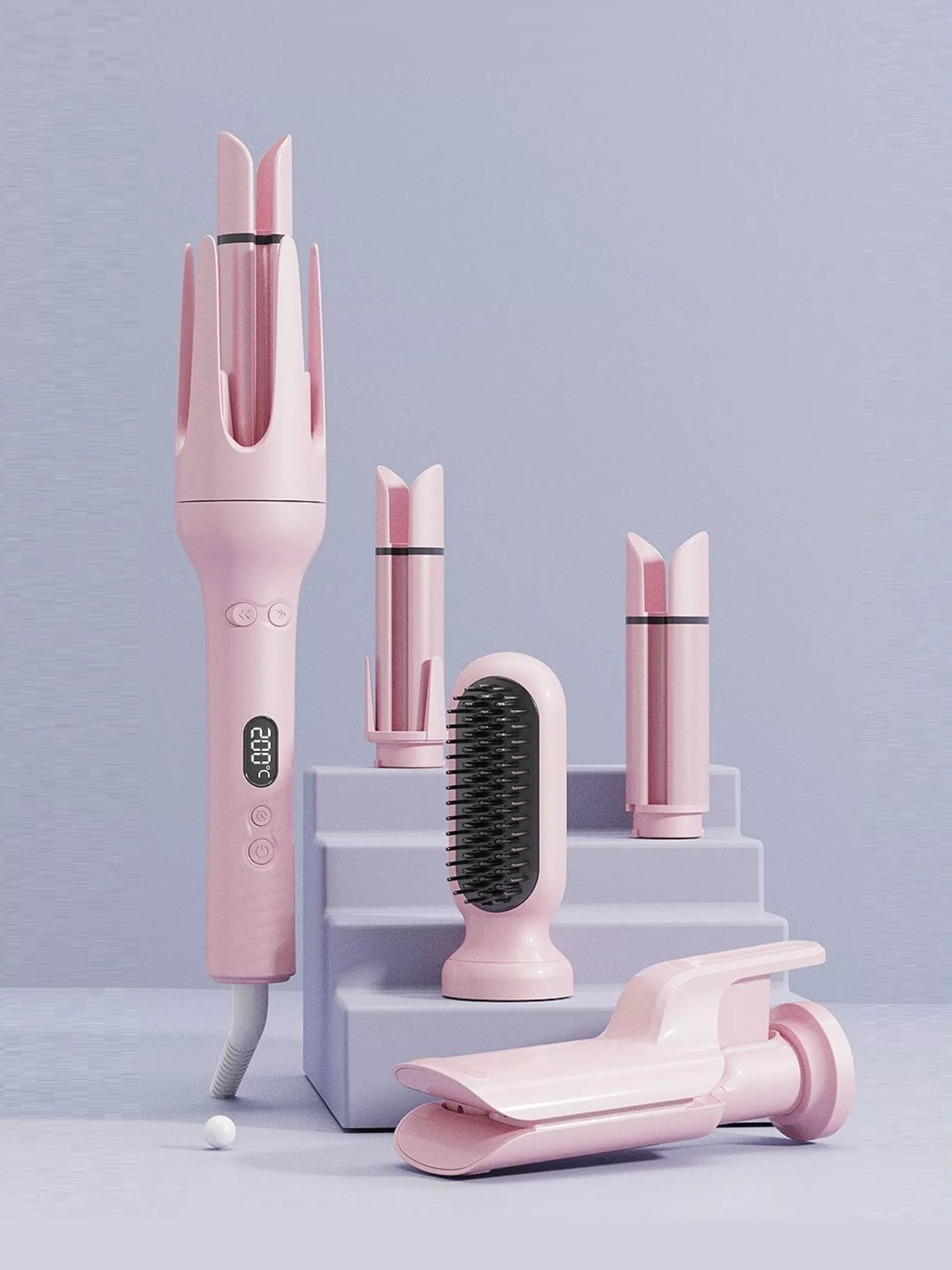 Dusty Pink automatic rotating ceramic hair curler with included brush and holder