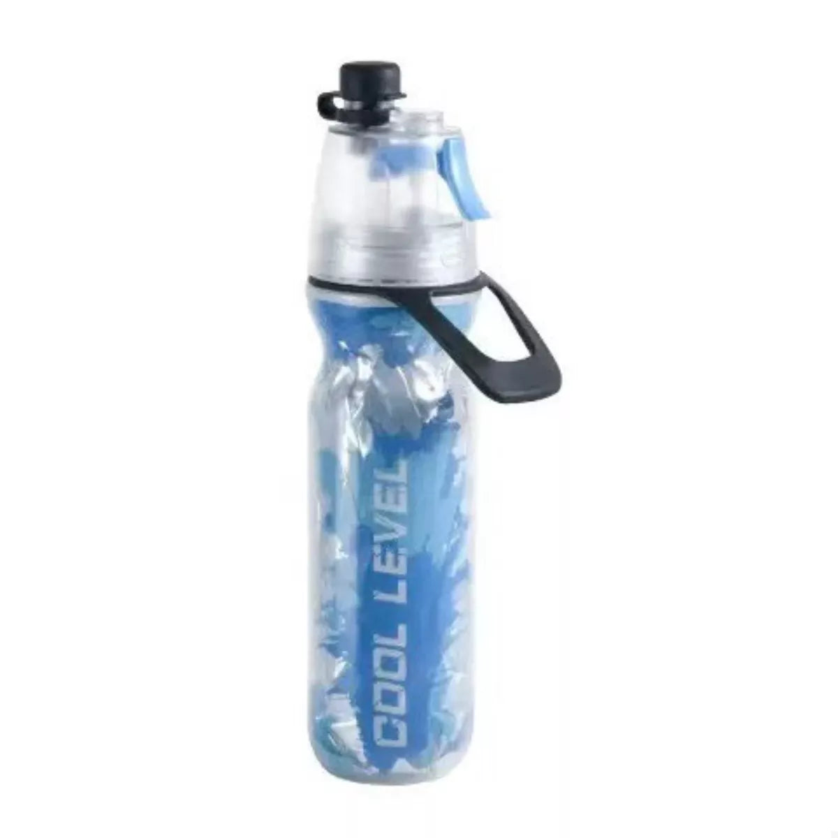 Sky blue spray sports water bottle with black trigger handle and flip spout cap