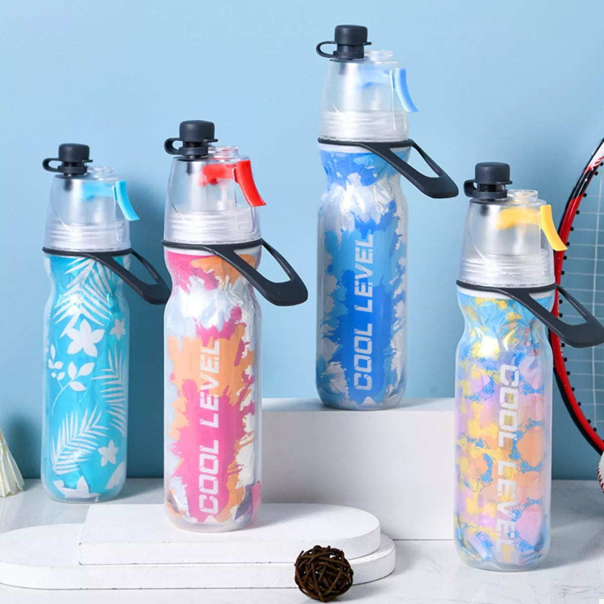 Portable spray water bottle set, sky blue/red/yellow/tiffany blue, black trigger handle