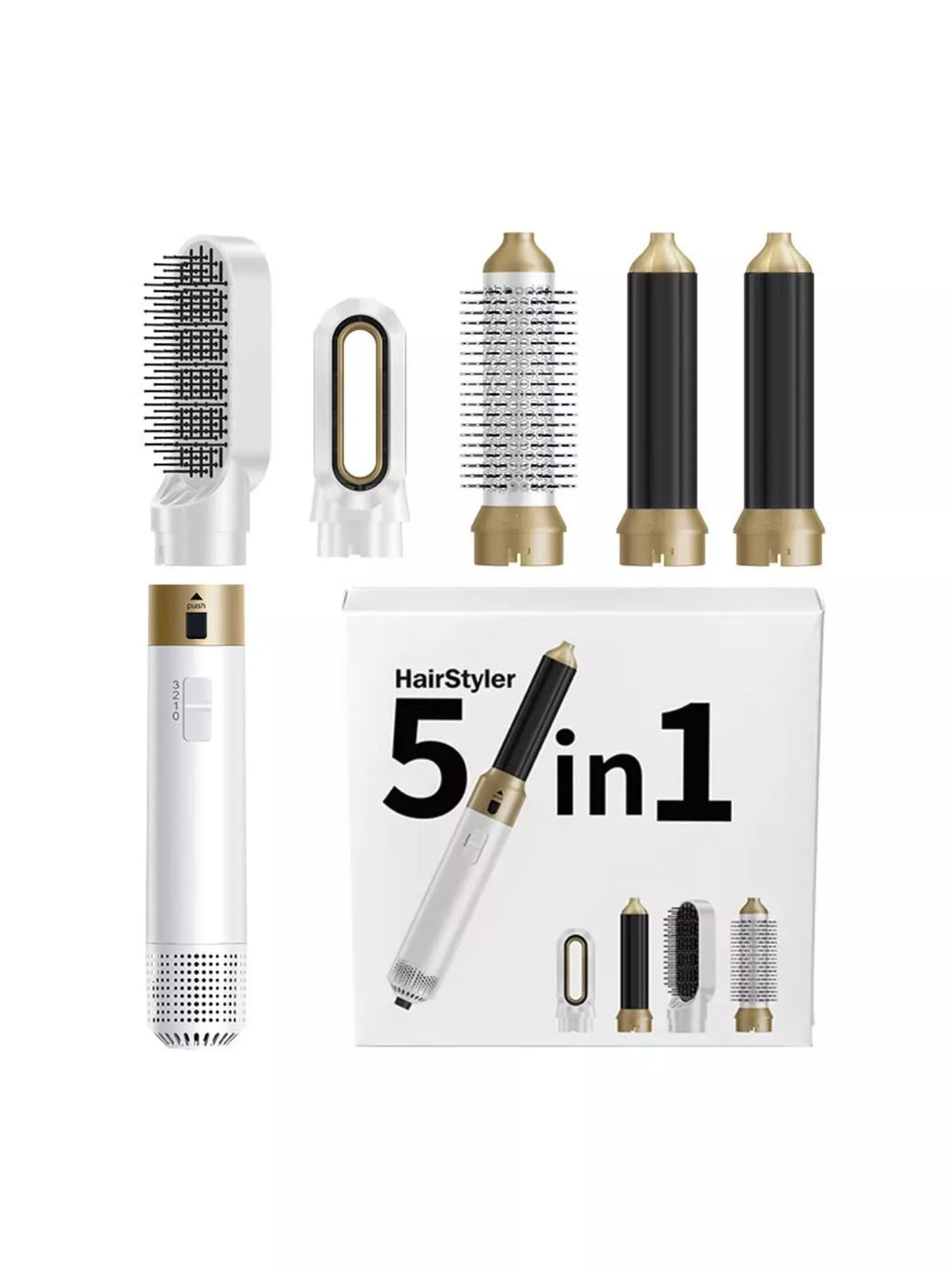 Trendsi 5-in-1 interchangeable hot air brush with white attachments and gold accents