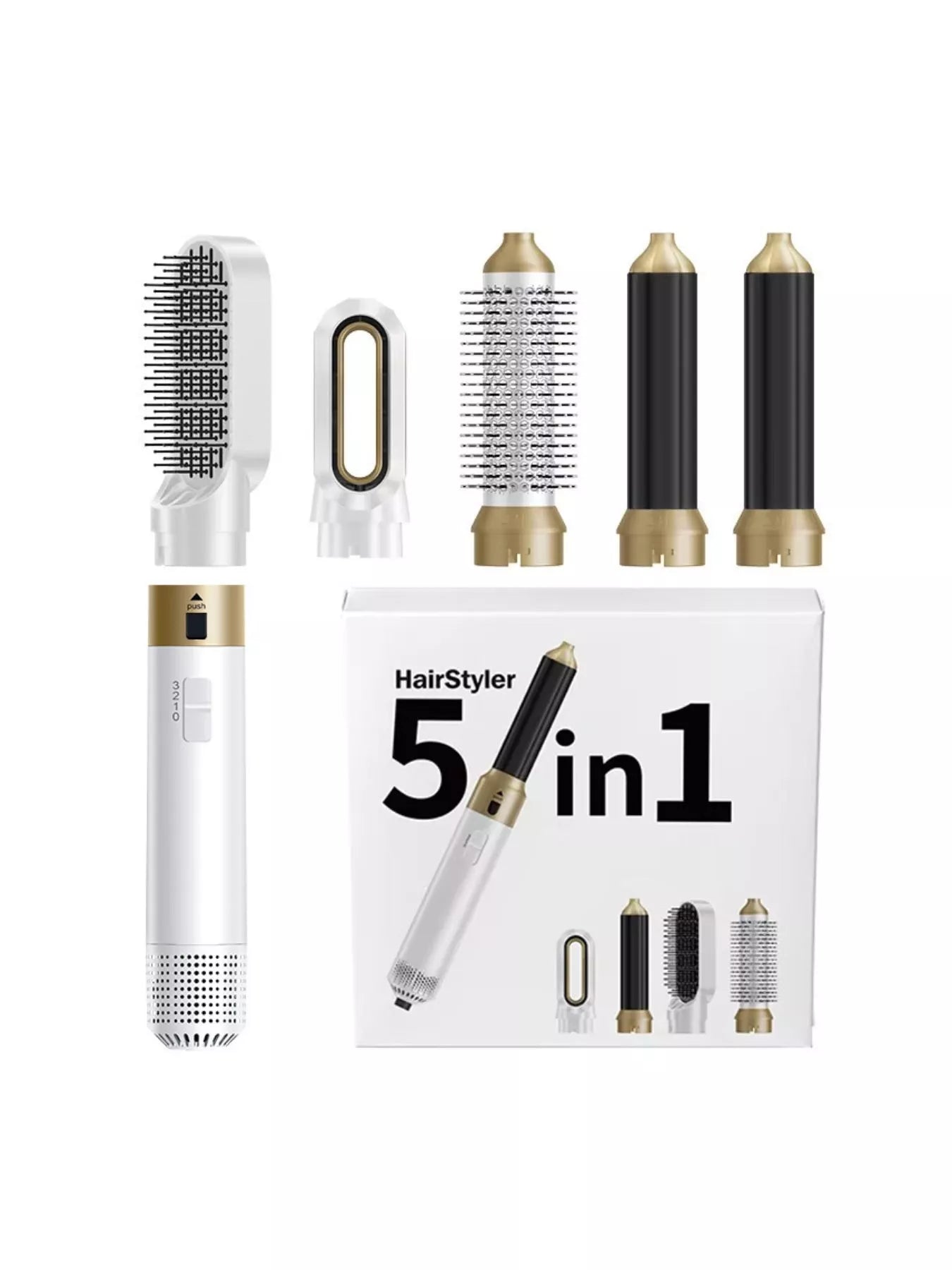 Trendsi 5-in-1 interchangeable hot air brush with white attachments and gold accents